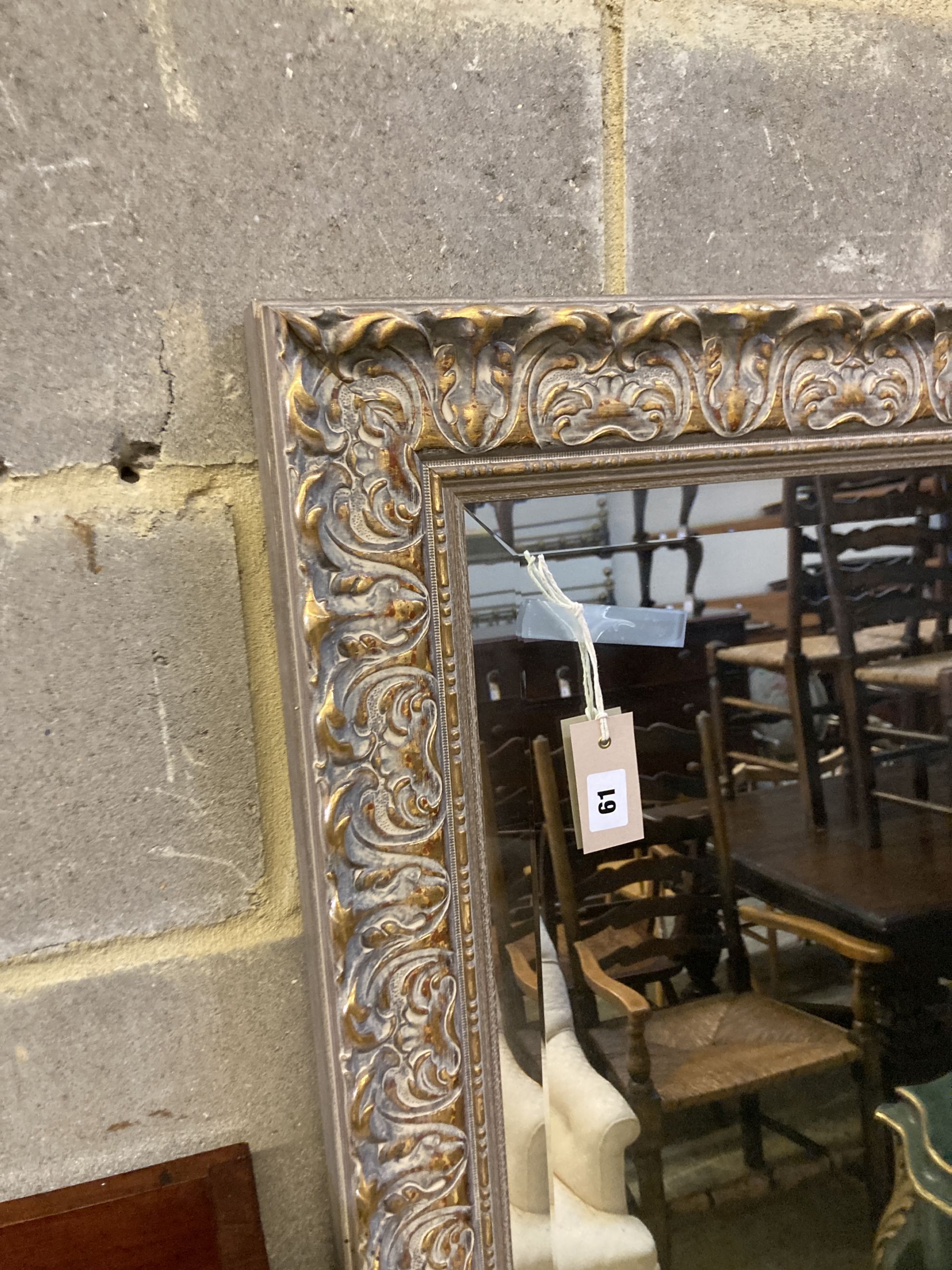 A reproduction rectangular parcel gilt wall mirror, width 70cm, height 168cm